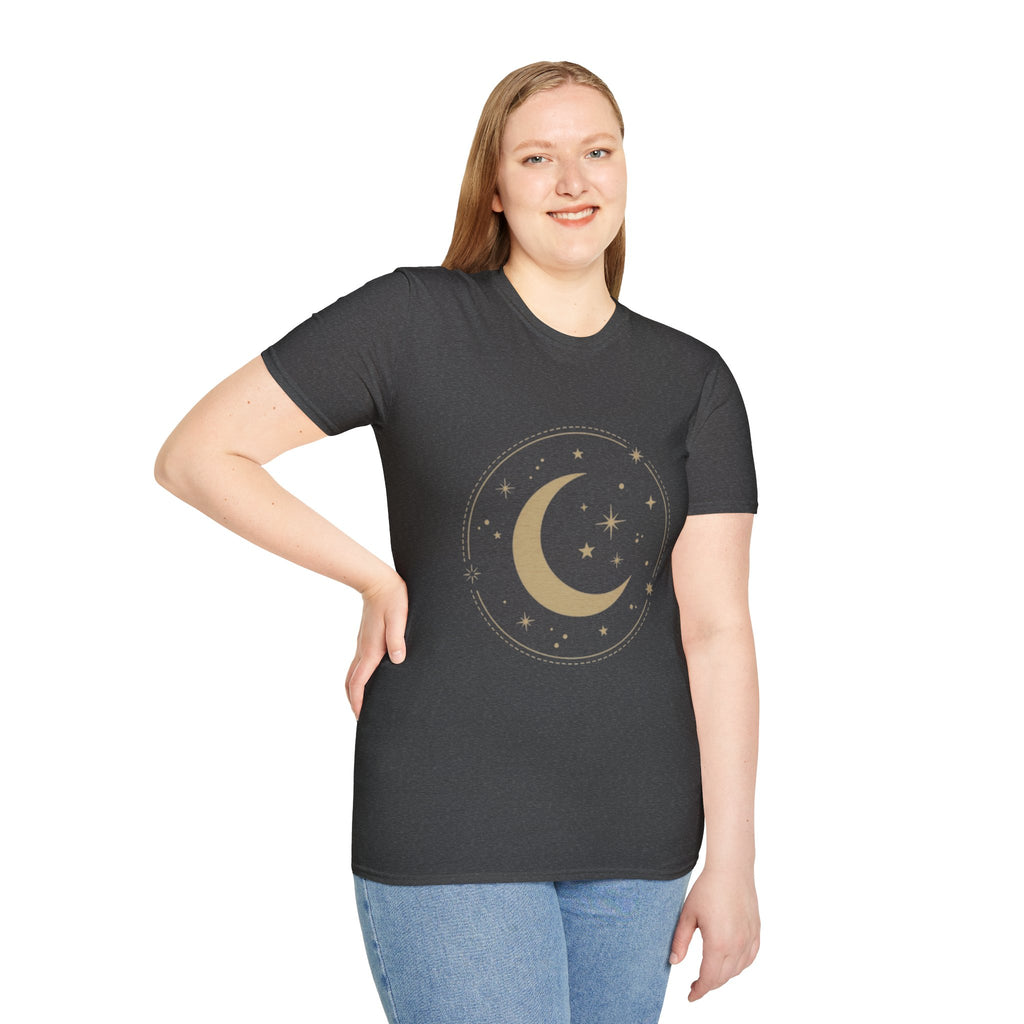Moon & Stars T-Shirt — Minimal Gold Crescent Celestial Tee
