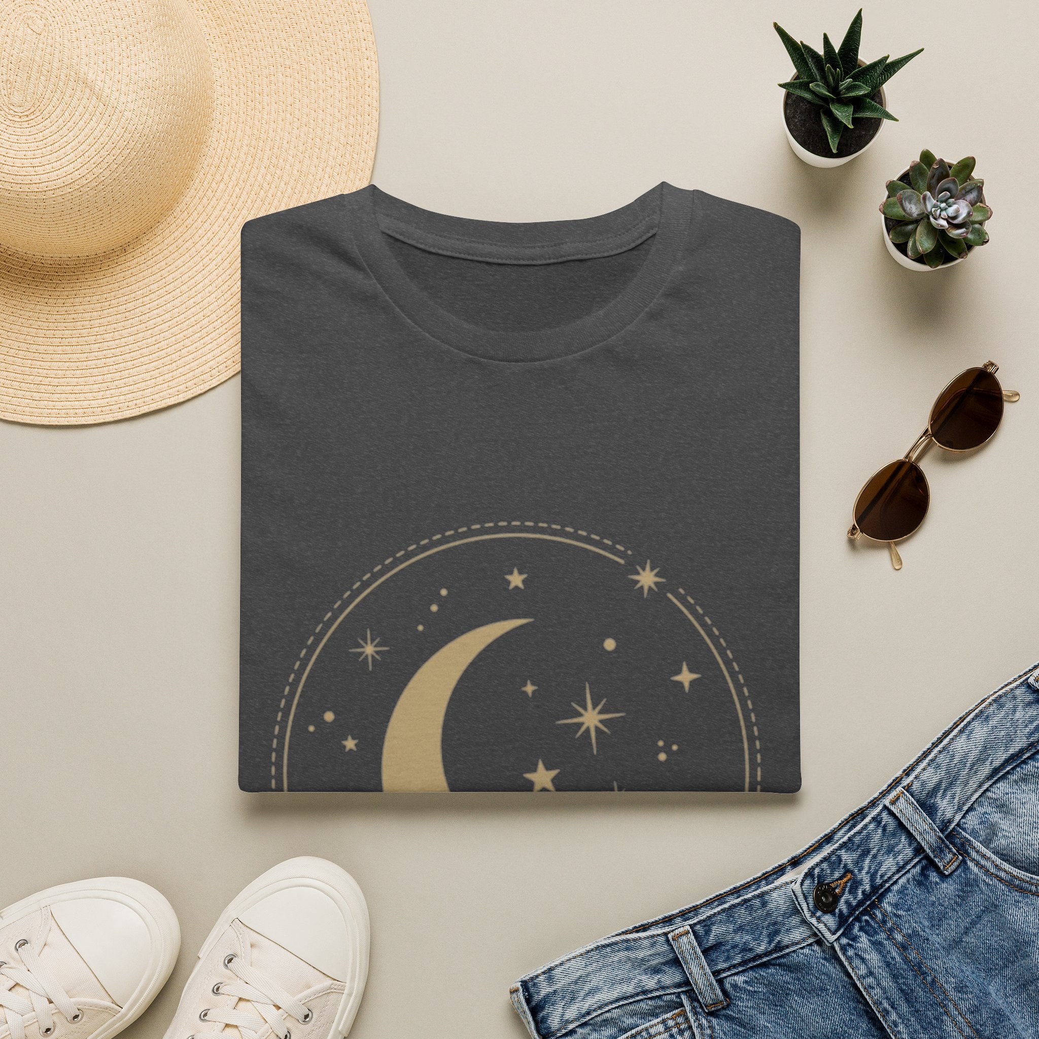 Moon & Stars T-Shirt — Minimal Gold Crescent Celestial Tee