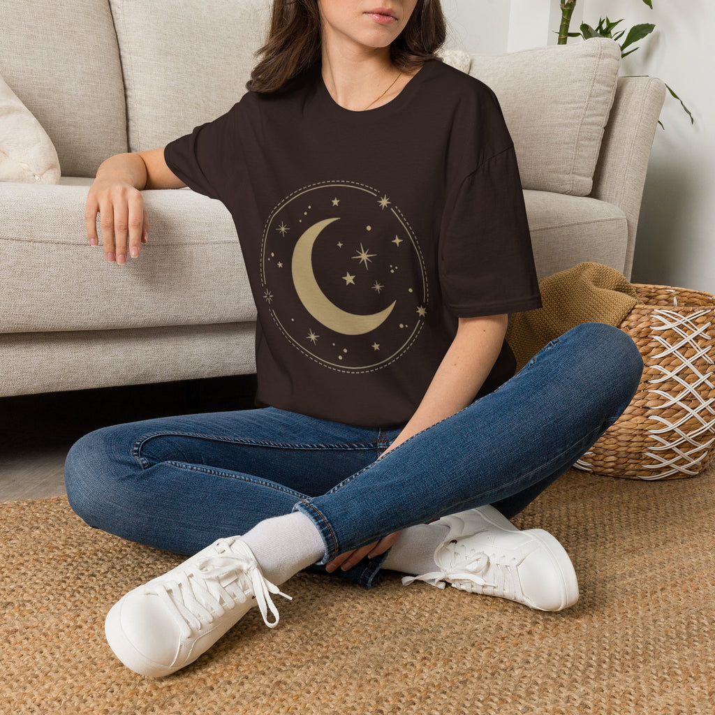 Moon & Stars T-Shirt — Minimal Gold Crescent Celestial Tee