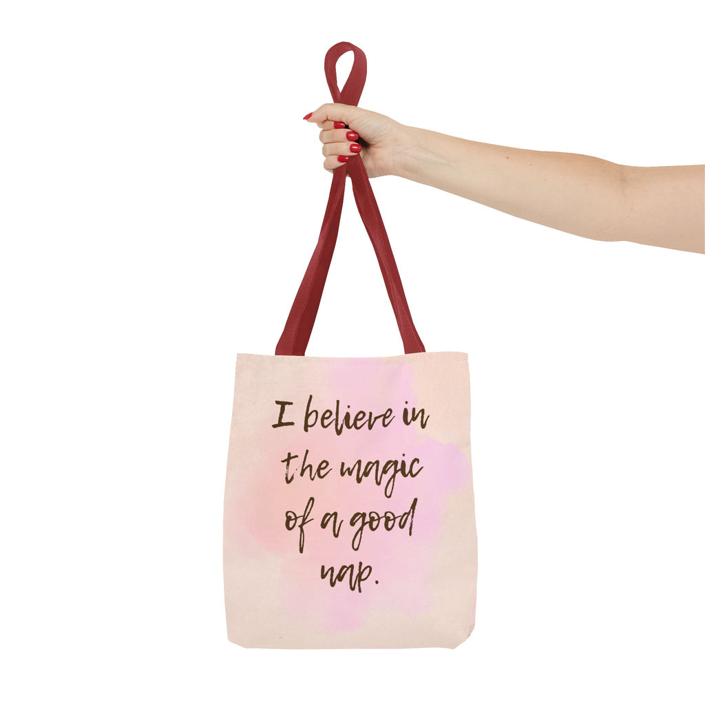 Tote Bag I Believe in the Magic of a Good Nap Pink Watercolor Quote Tote