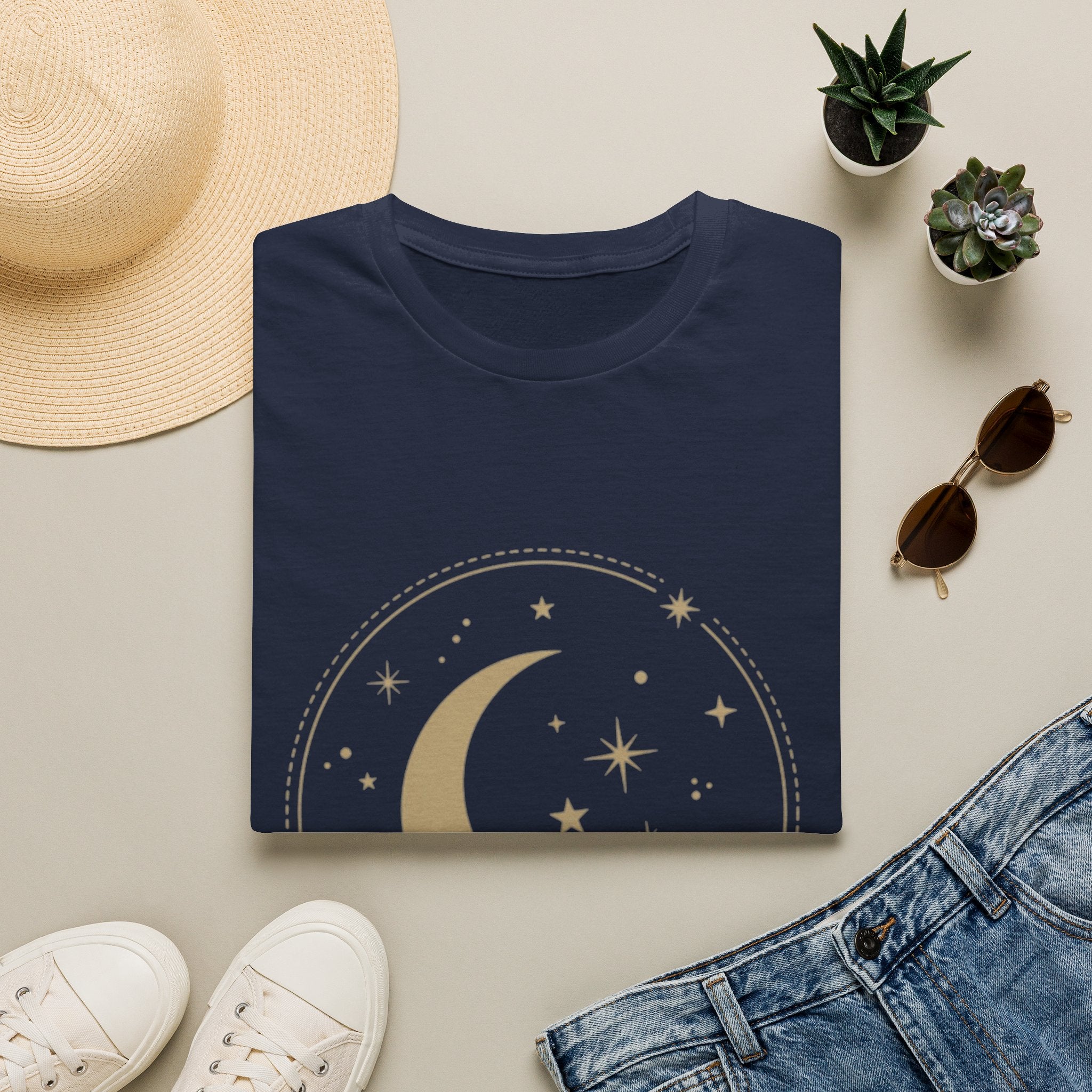 Moon & Stars T-Shirt — Minimal Gold Crescent Celestial Tee