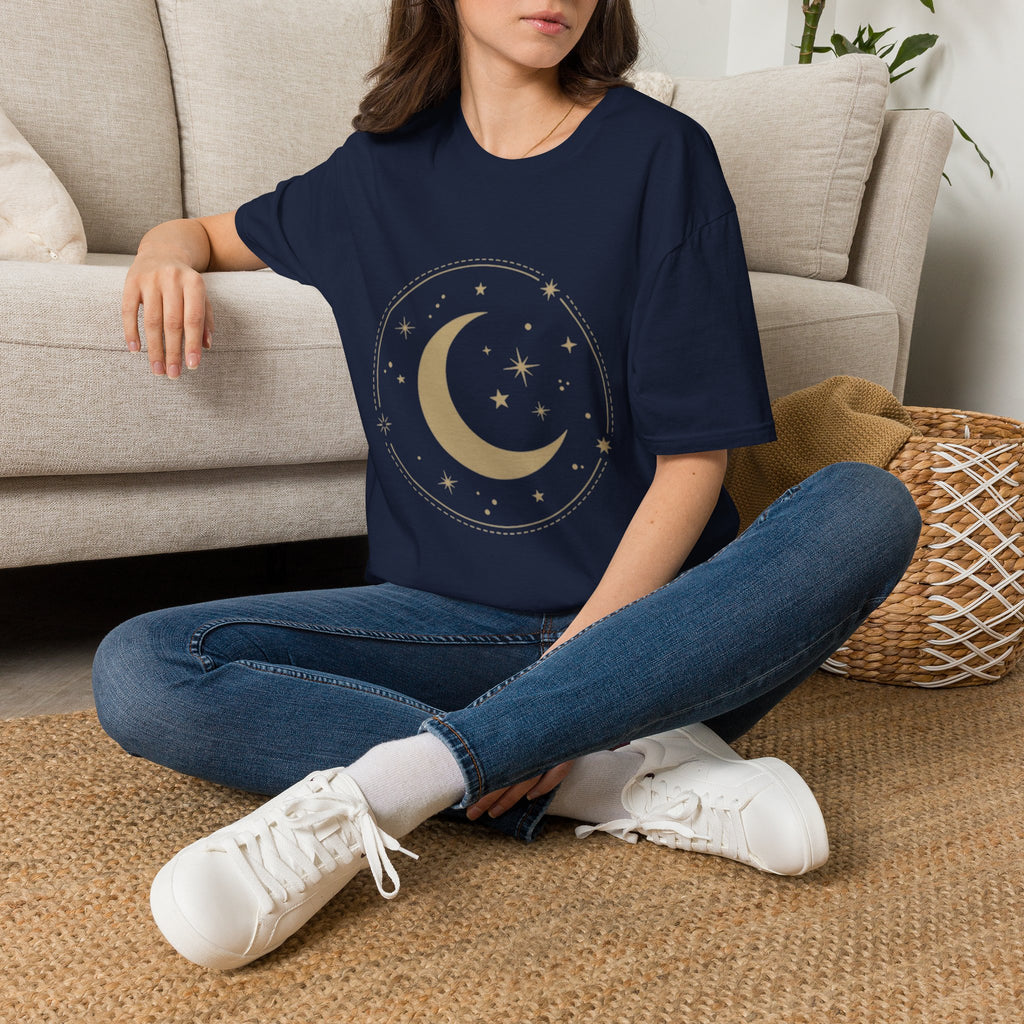 Moon & Stars T-Shirt — Minimal Gold Crescent Celestial Tee