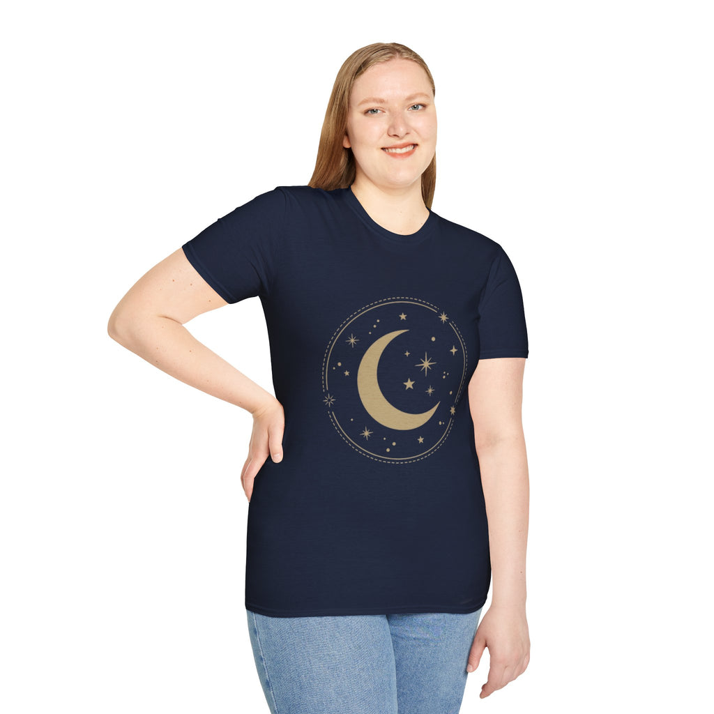 Moon & Stars T-Shirt — Minimal Gold Crescent Celestial Tee