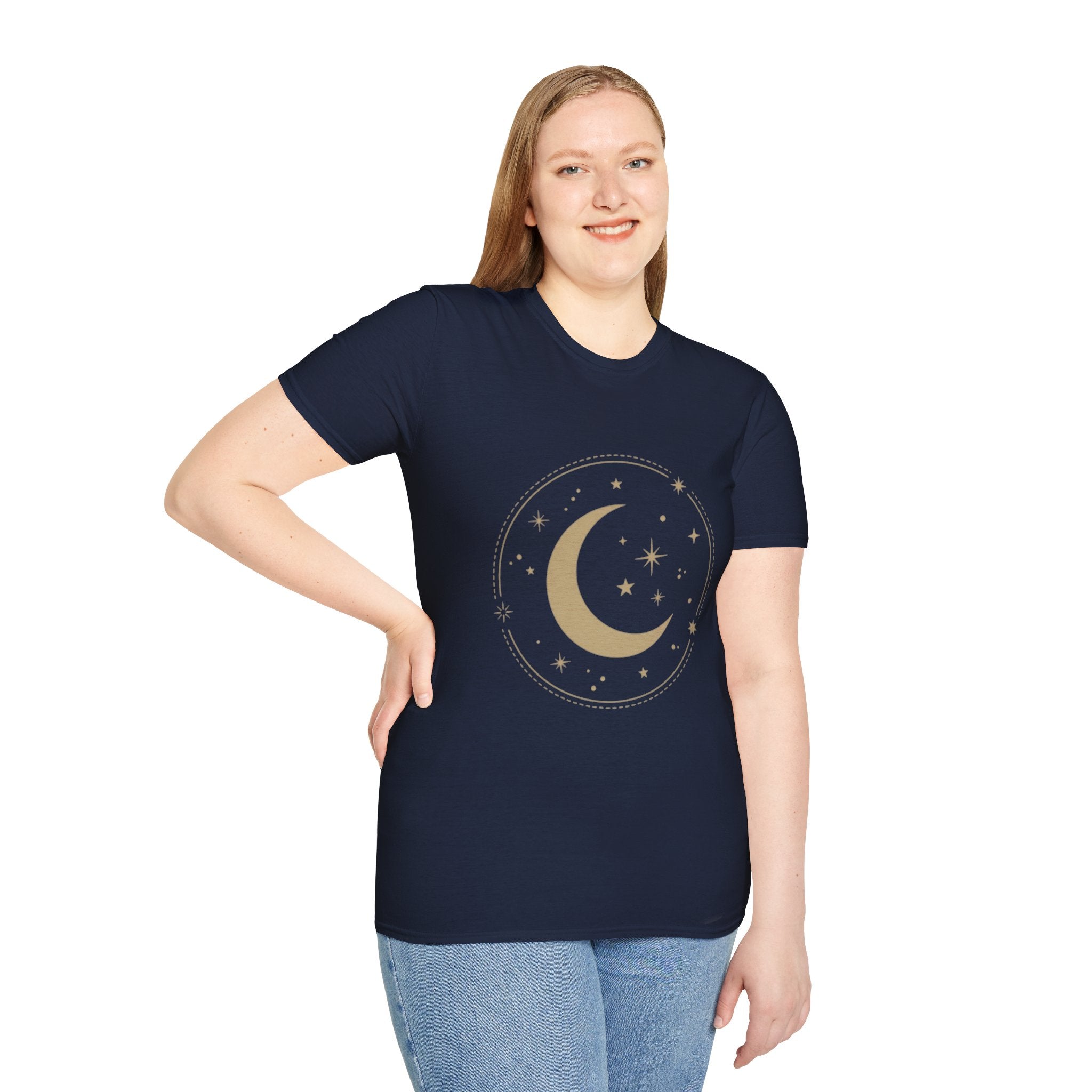 Moon & Stars T-Shirt — Minimal Gold Crescent Celestial Tee