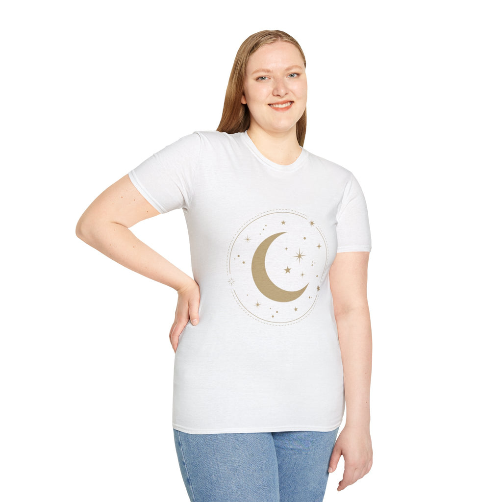 Moon & Stars T-Shirt — Minimal Gold Crescent Celestial Tee