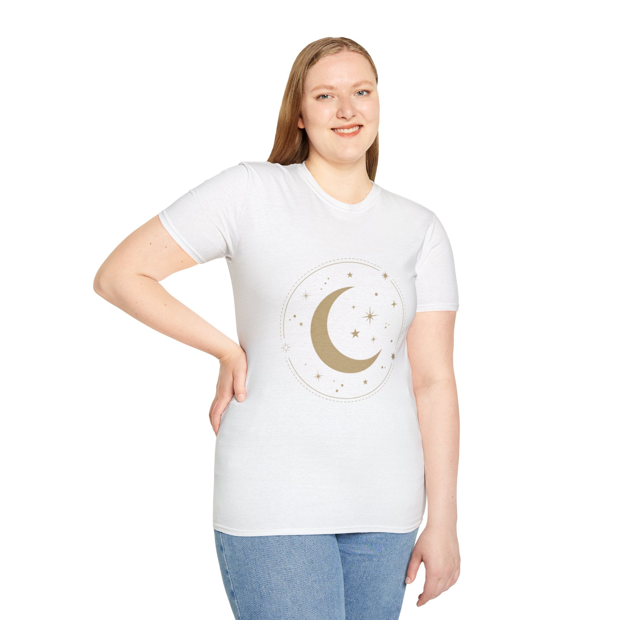 Moon & Stars T-Shirt — Minimal Gold Crescent Celestial Tee