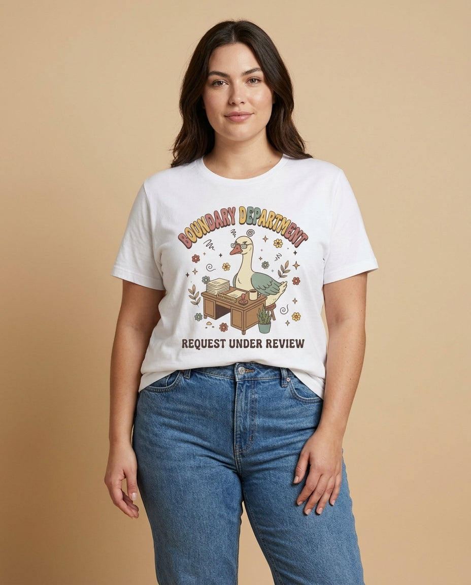Boundary Department T-Shirt — 'Request Under Review' Cute Office Duck Graphic Tee