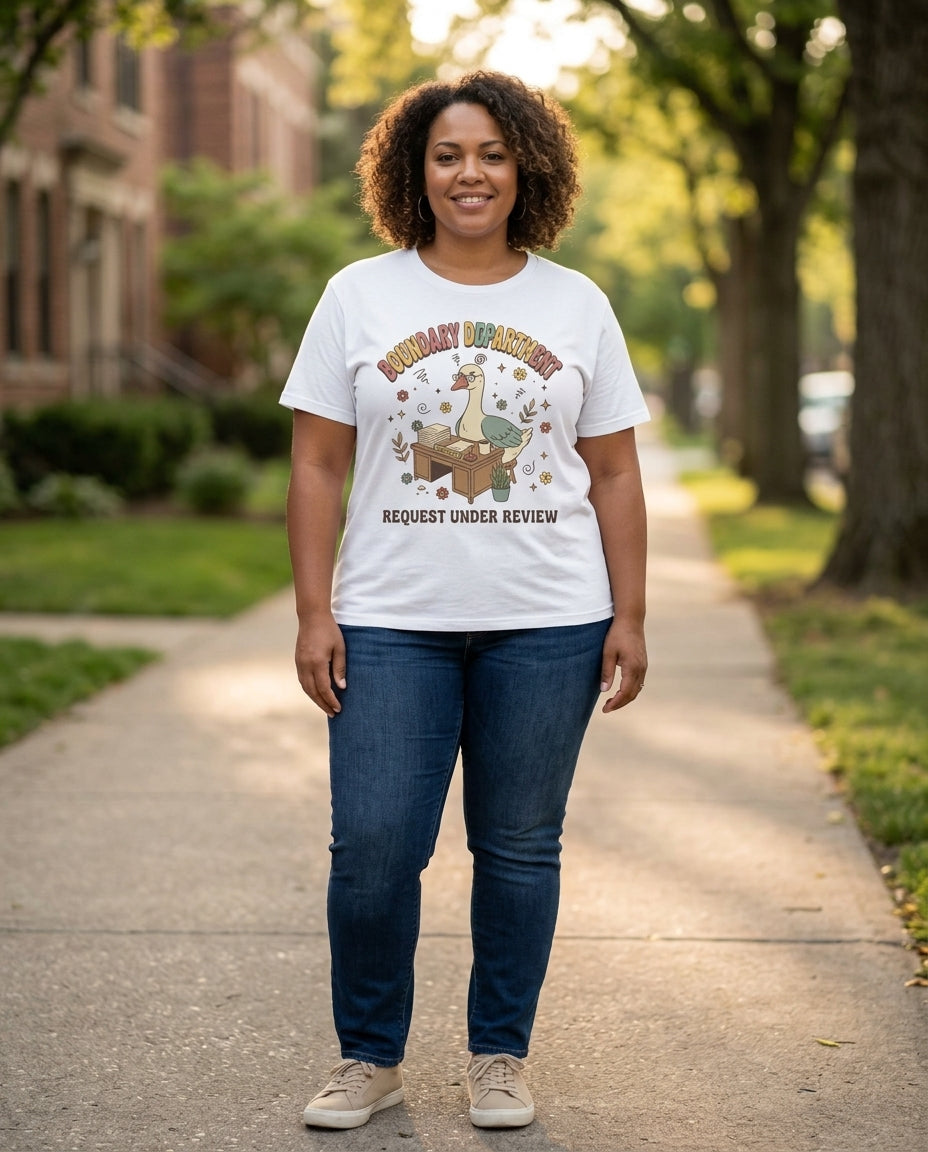 Boundary Department T-Shirt — 'Request Under Review' Cute Office Duck Graphic Tee