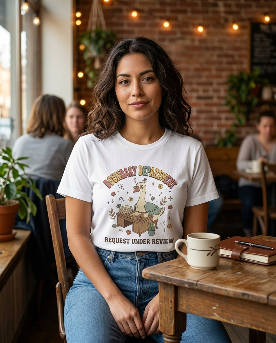 Boundary Department T-Shirt — 'Request Under Review' Cute Office Duck Graphic Tee