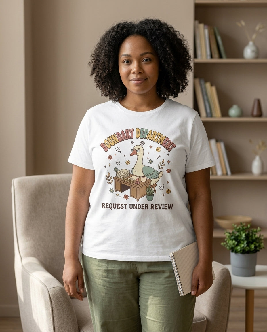 Boundary Department T-Shirt — 'Request Under Review' Cute Office Duck Graphic Tee