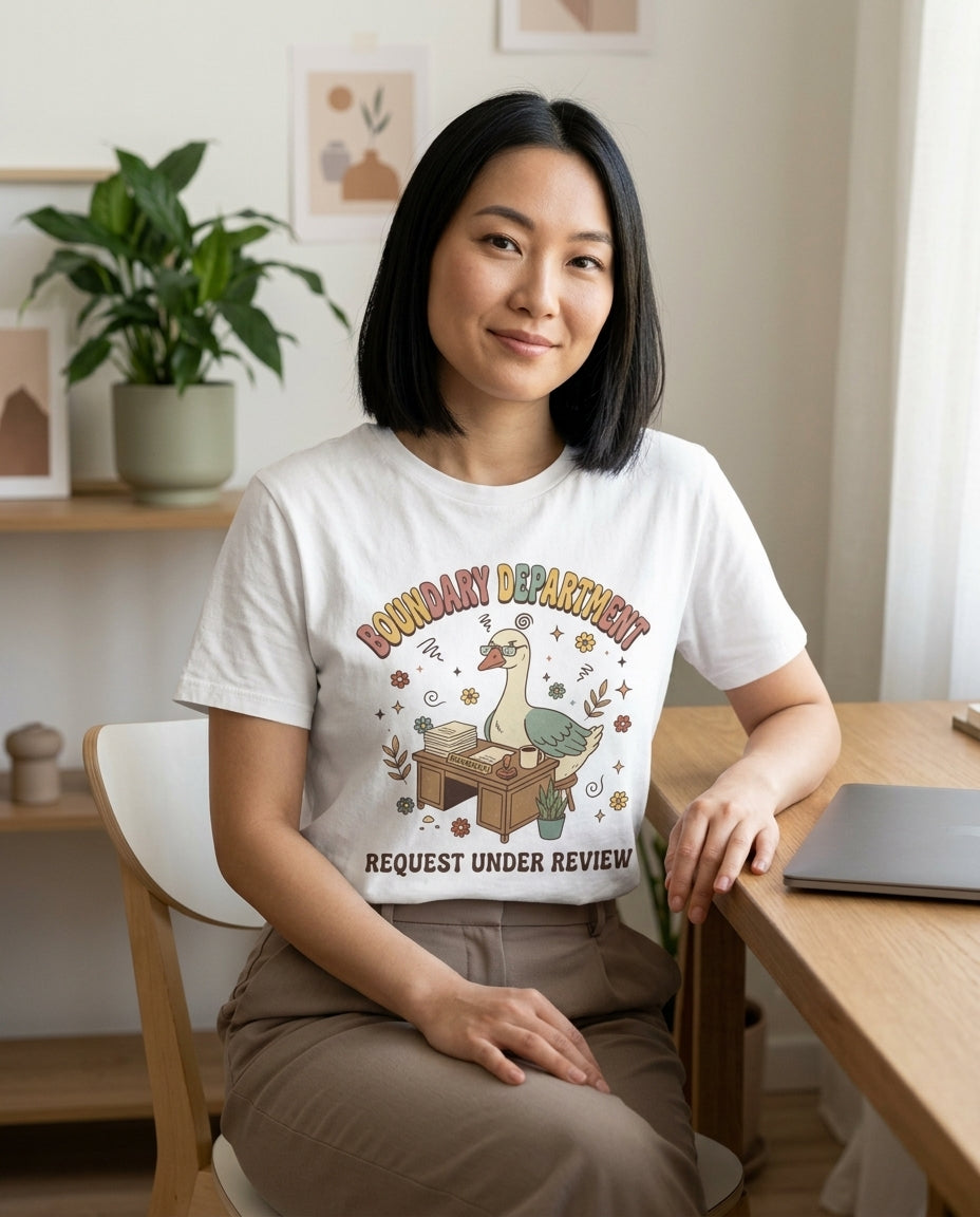 Boundary Department T-Shirt — 'Request Under Review' Cute Office Duck Graphic Tee
