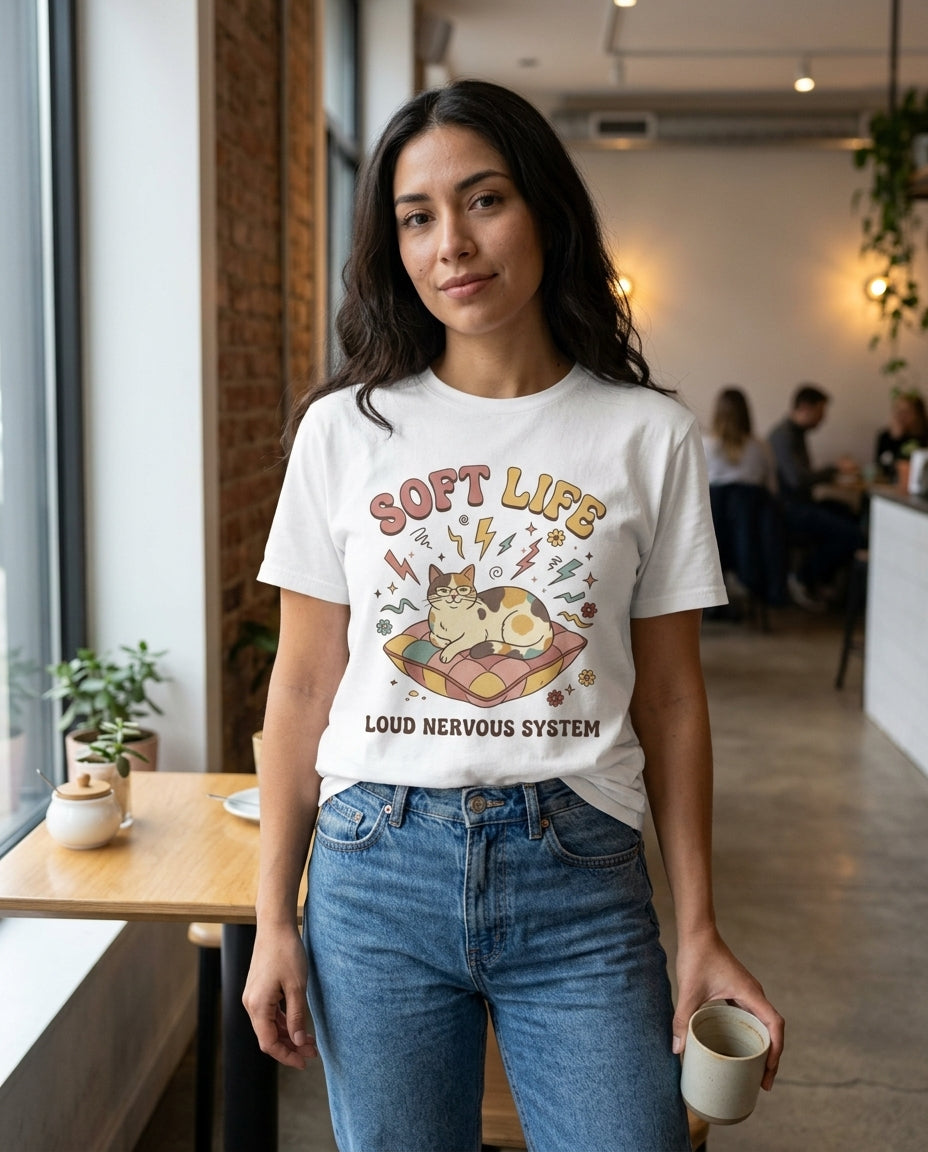 Soft Life Cat T-Shirt — 'Soft Life' Retro Cat Graphic Tee