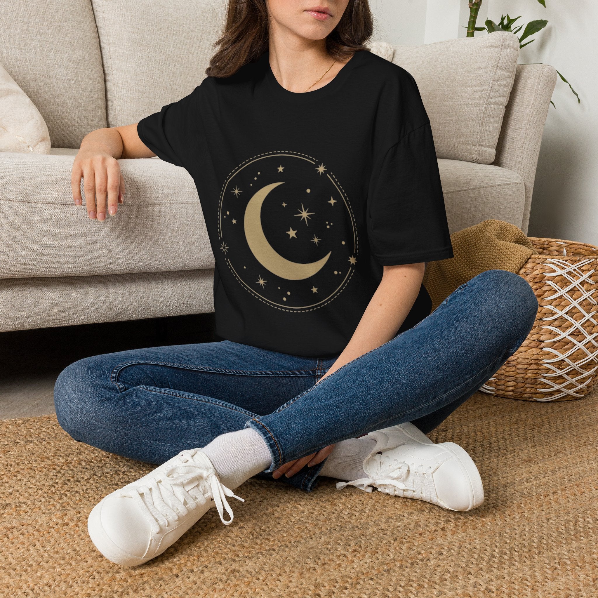 Moon & Stars T-Shirt — Minimal Gold Crescent Celestial Tee