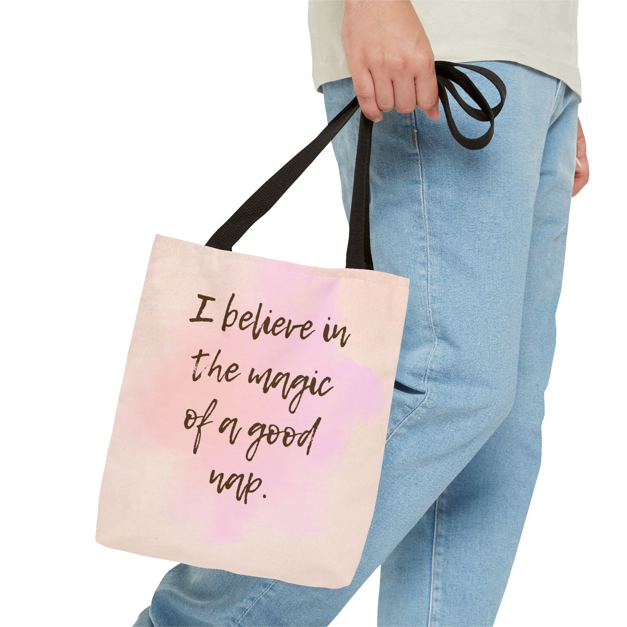 Tote Bag I Believe in the Magic of a Good Nap Pink Watercolor Quote Tote