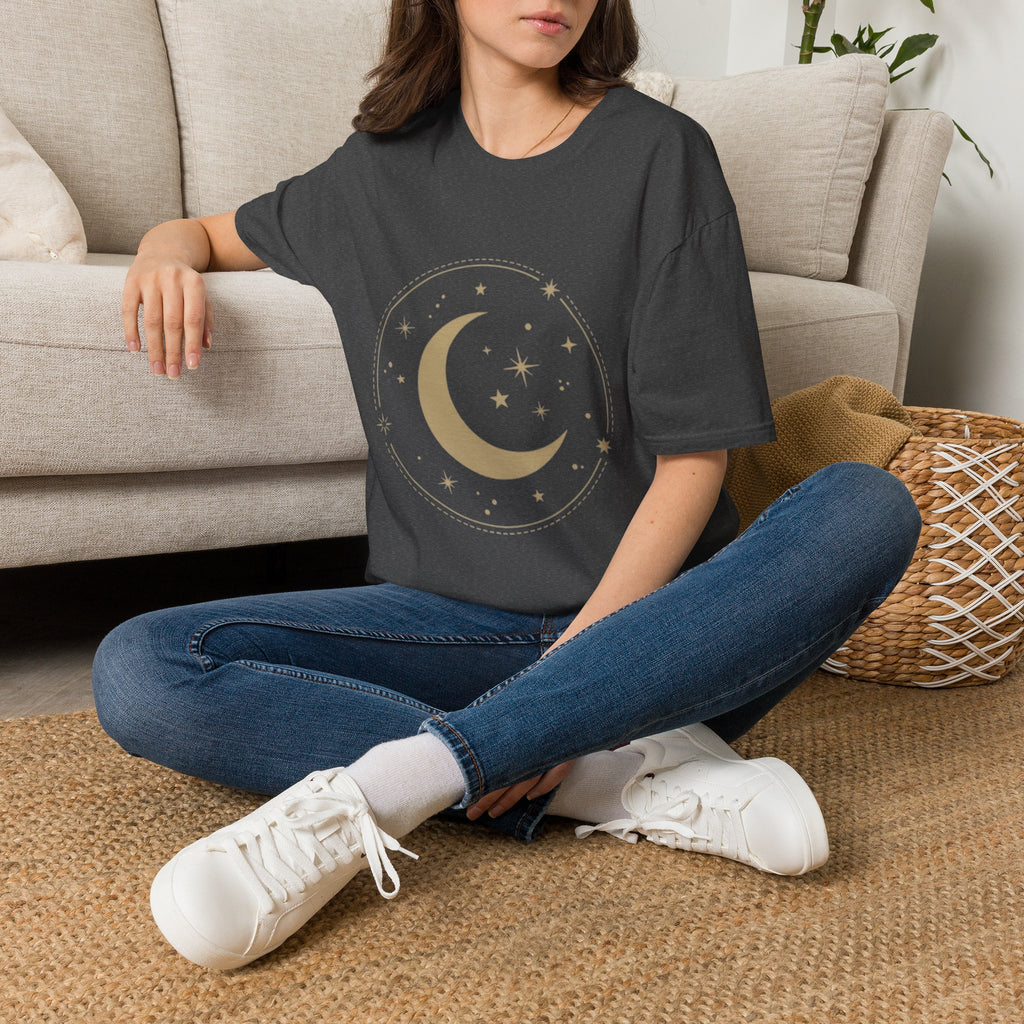 Moon & Stars T-Shirt — Minimal Gold Crescent Celestial Tee