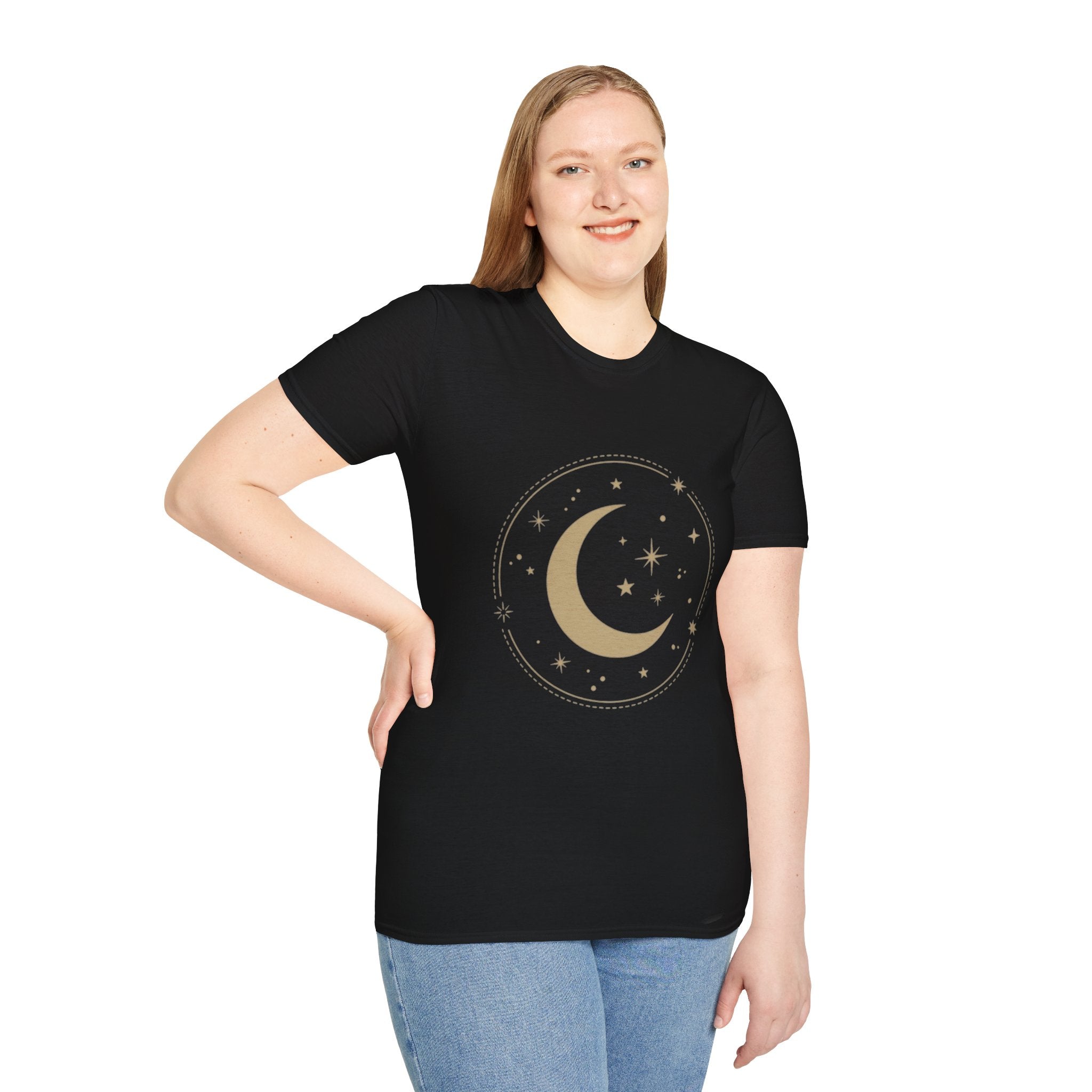 Moon & Stars T-Shirt — Minimal Gold Crescent Celestial Tee