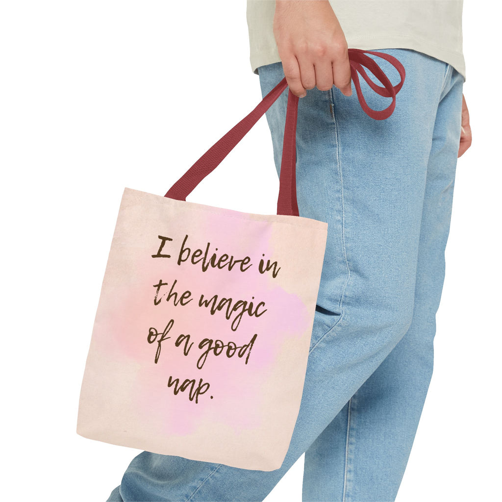 Tote Bag I Believe in the Magic of a Good Nap Pink Watercolor Quote Tote