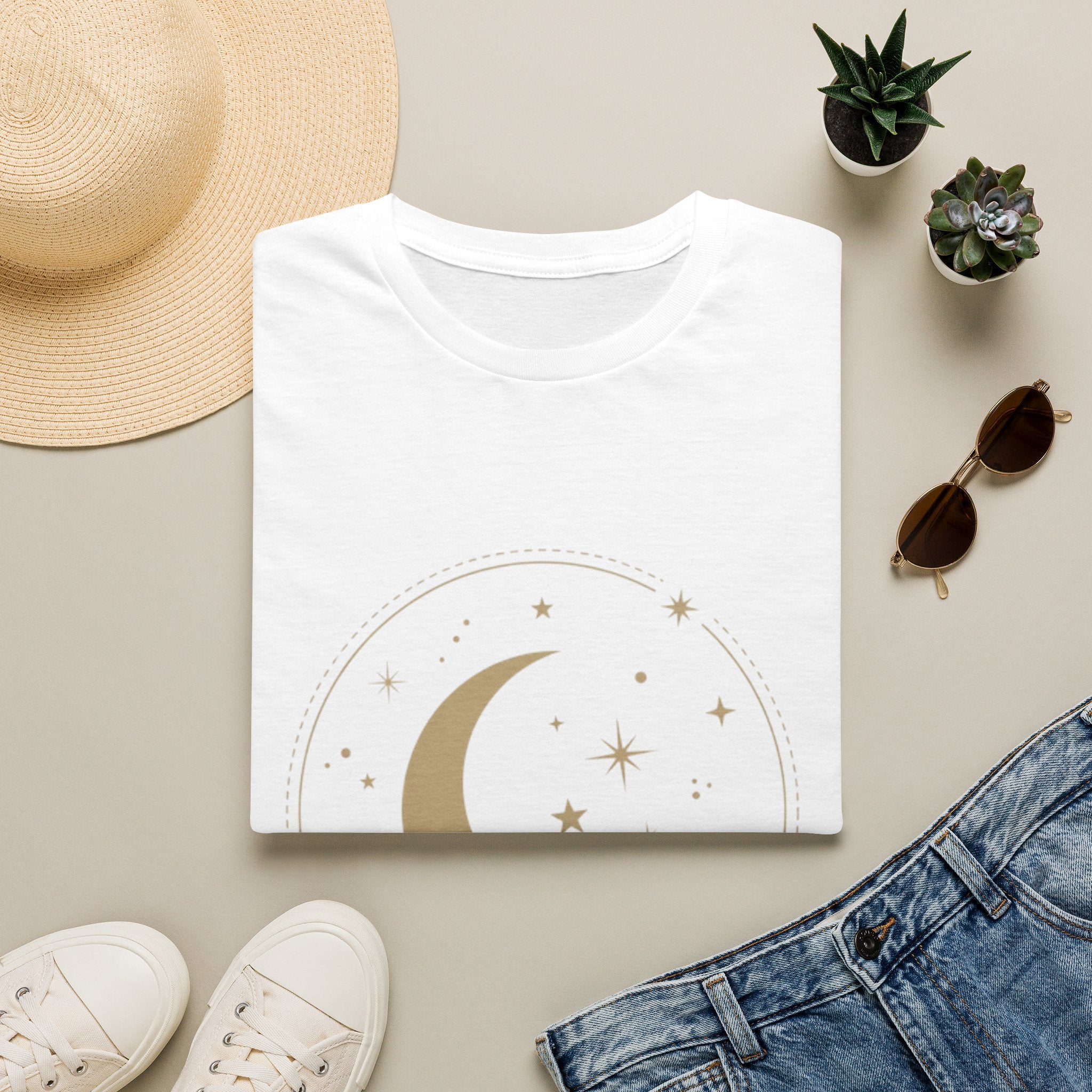Moon & Stars T-Shirt — Minimal Gold Crescent Celestial Tee