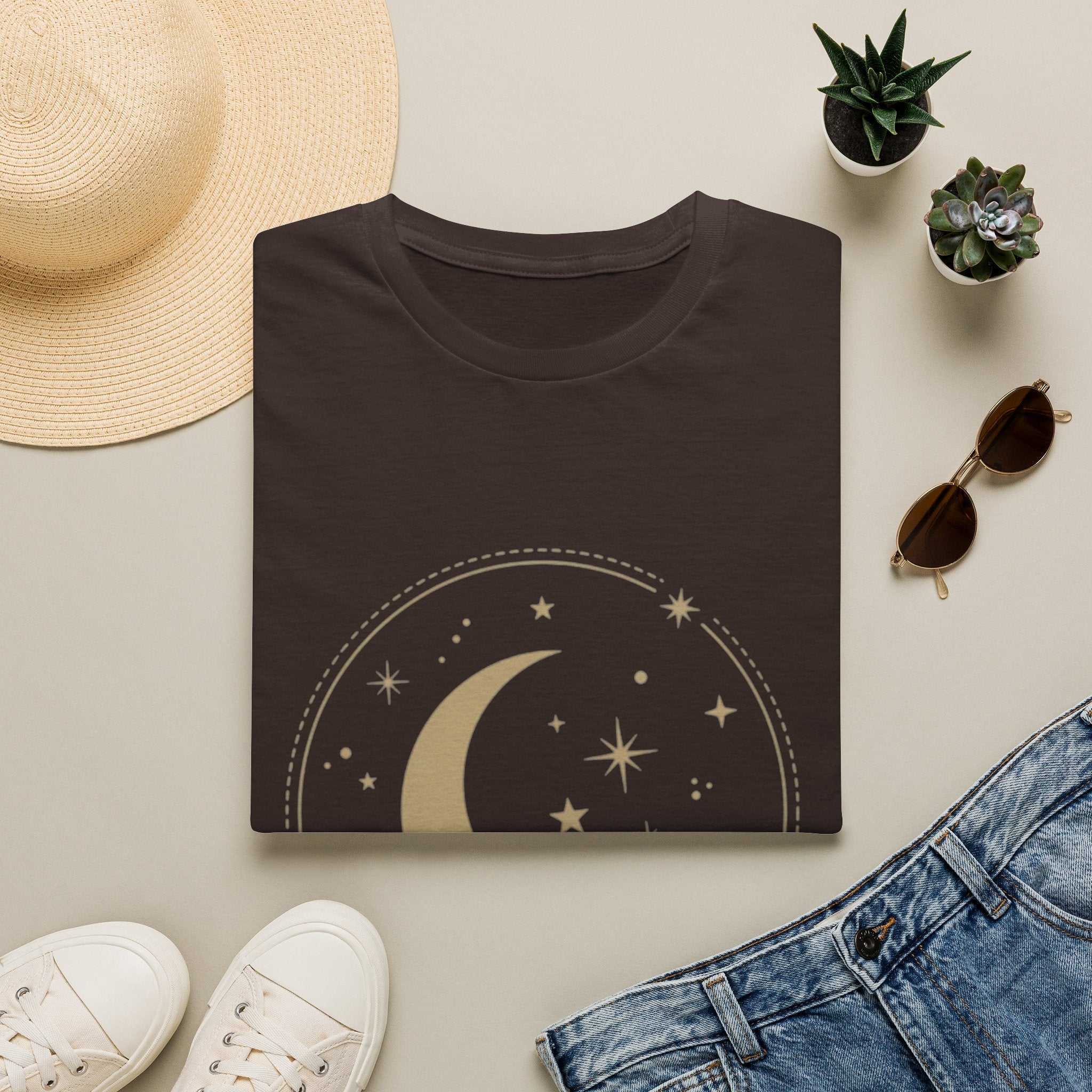 Moon & Stars T-Shirt — Minimal Gold Crescent Celestial Tee