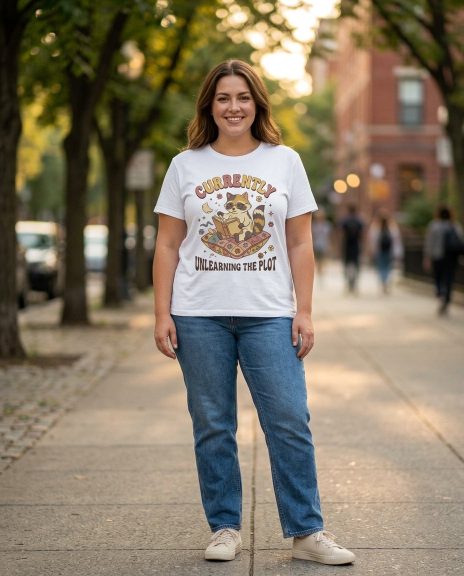 Cute Raccoon Reading Graphic Tee| Currently Unlearning the Plot