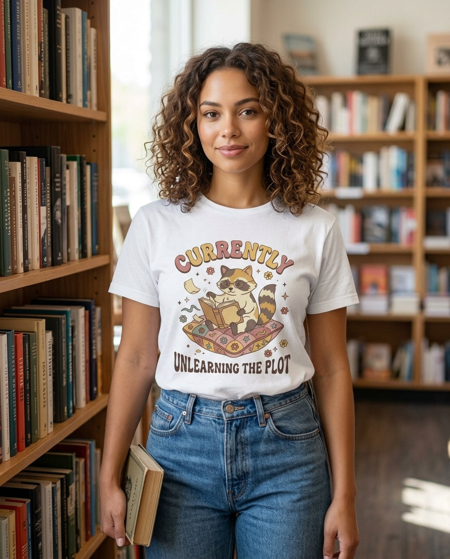 Cute Raccoon Reading Graphic Tee| Currently Unlearning the Plot