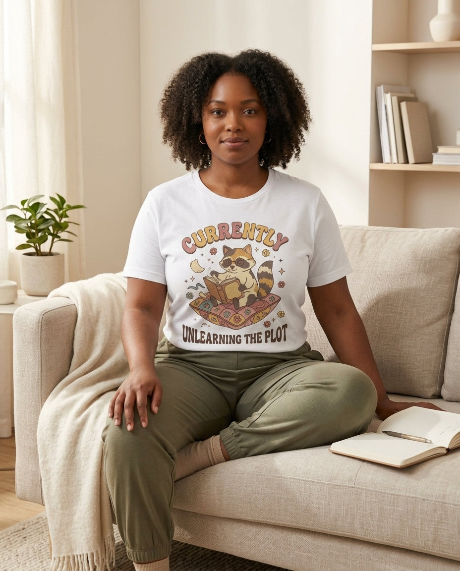 Cute Raccoon Reading Graphic Tee| Currently Unlearning the Plot