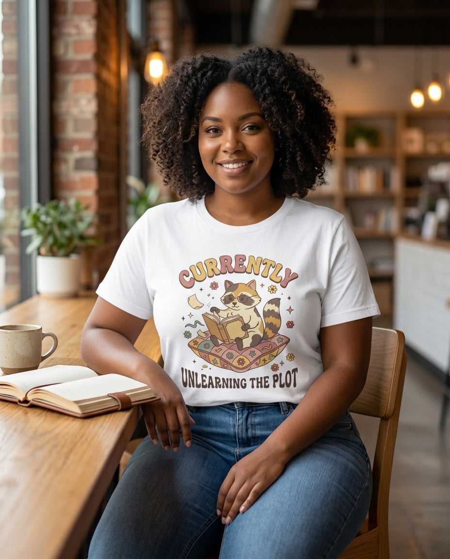 Cute Raccoon Reading Graphic Tee| Currently Unlearning the Plot